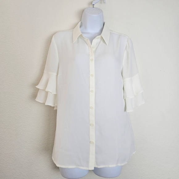 ModCloth Ruffle Sleeve Button-Up Blouse White Feminine Workwear Size Small - Picture 5 of 13